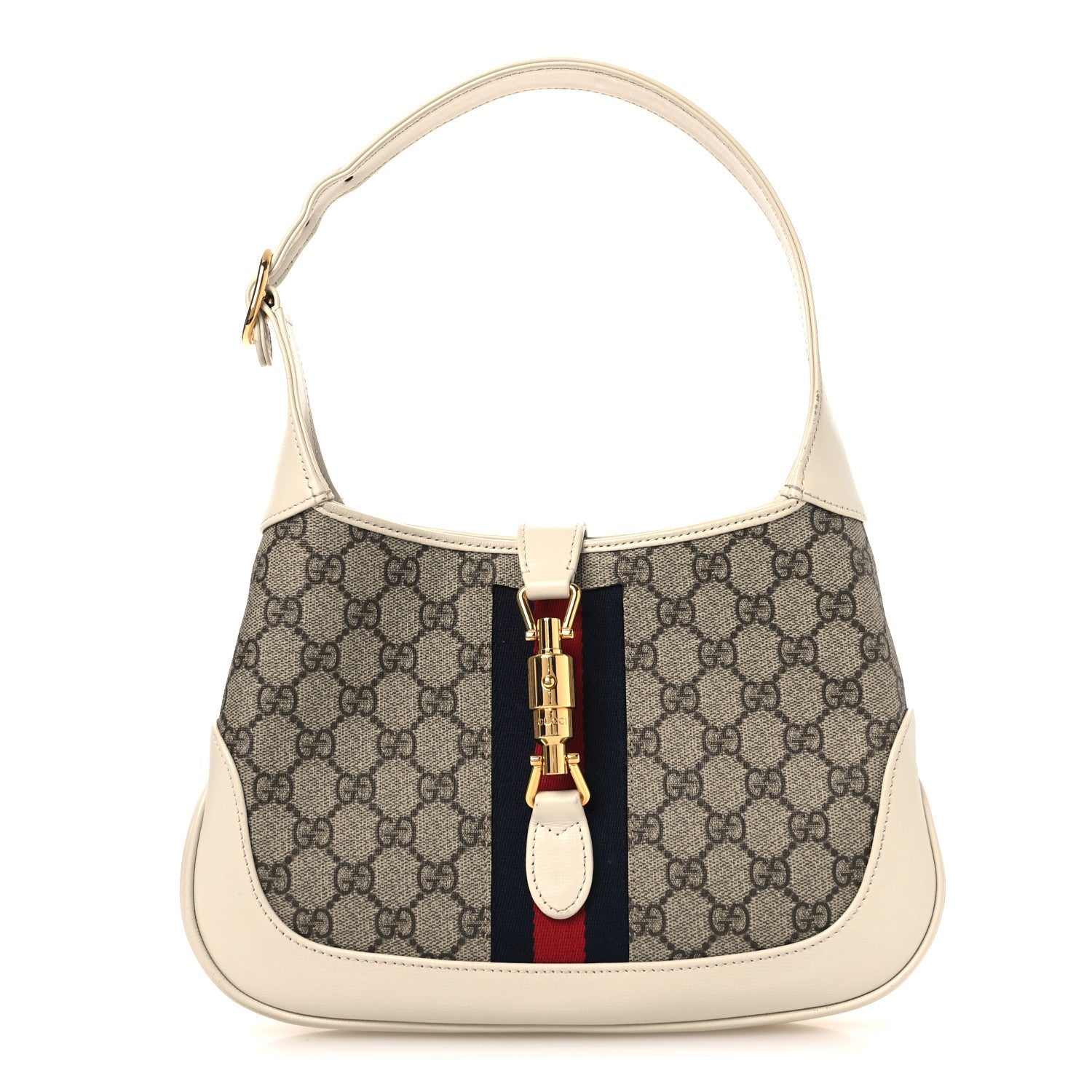 Gucci GG Supreme Monogram Azalea Calfskin Web Small Jackie 1961 Hobo Beige Ebony Mystic White