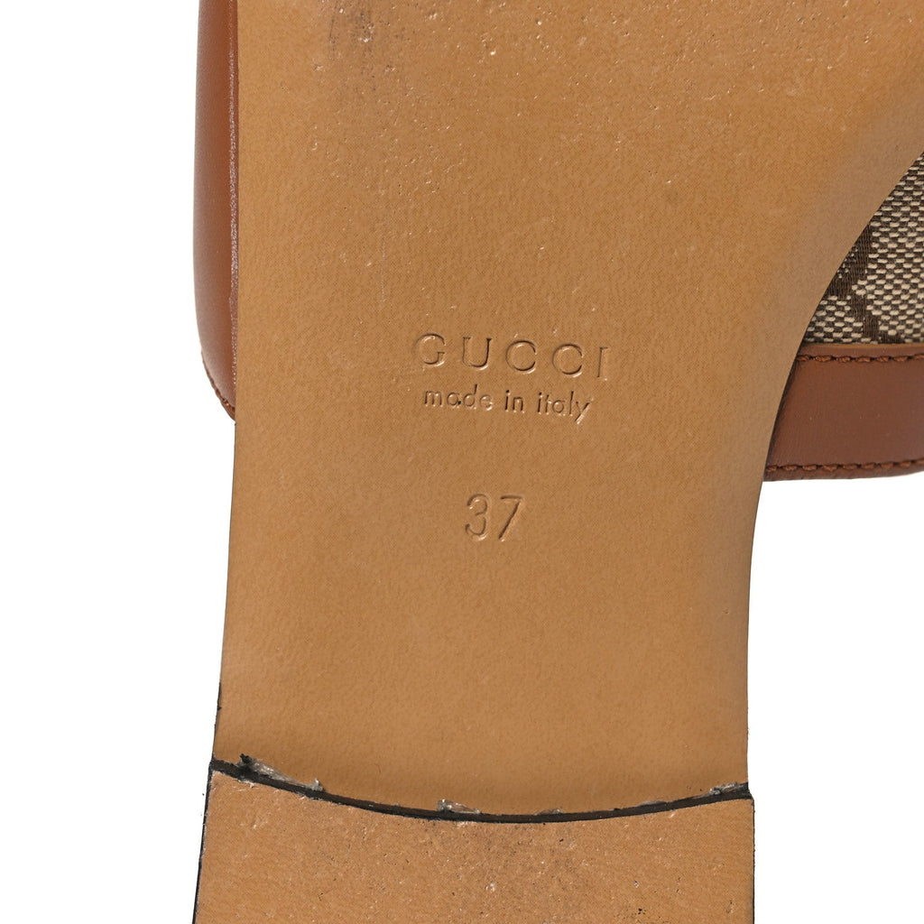 Gucci Calfskin Monogram Horsebit Womens Slide Sandals 37 Beige Ebony Sundial