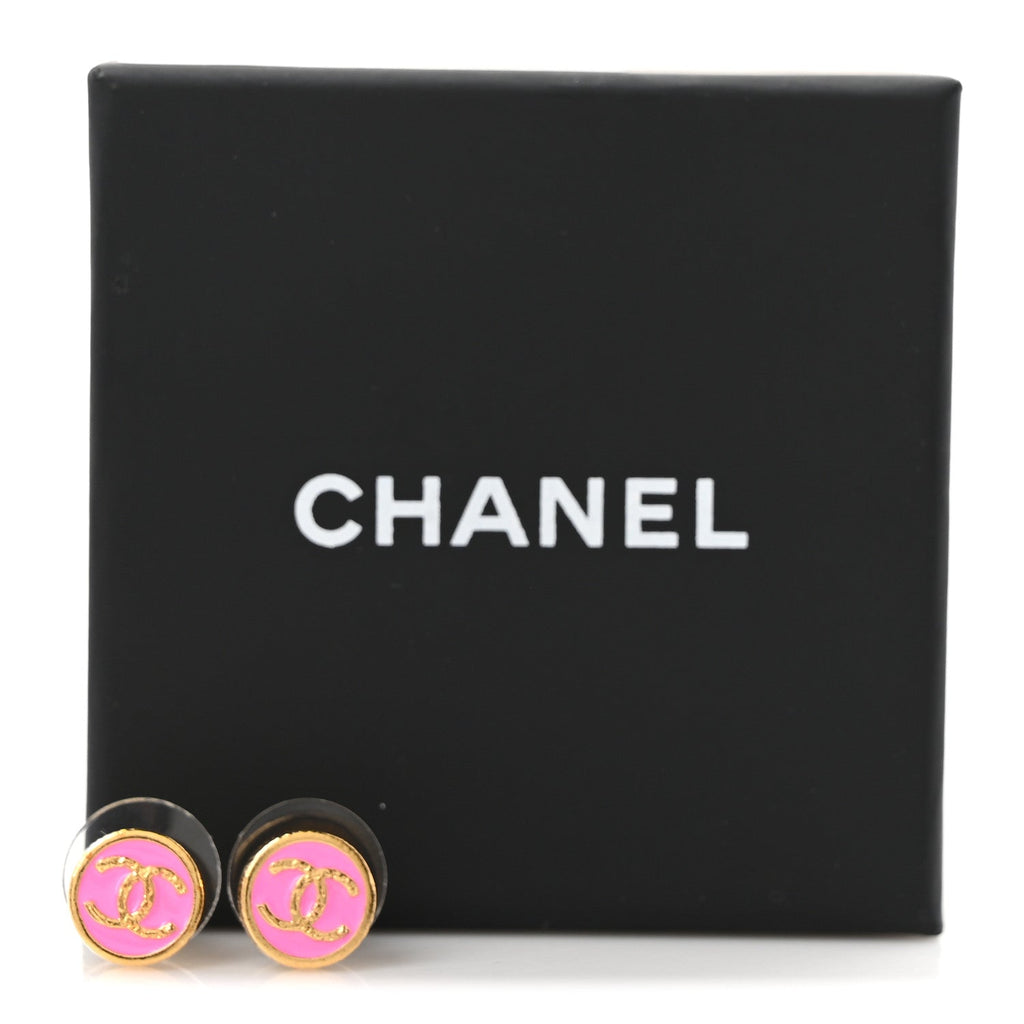 Metal Enamel CC Round Earrings Gold Pink