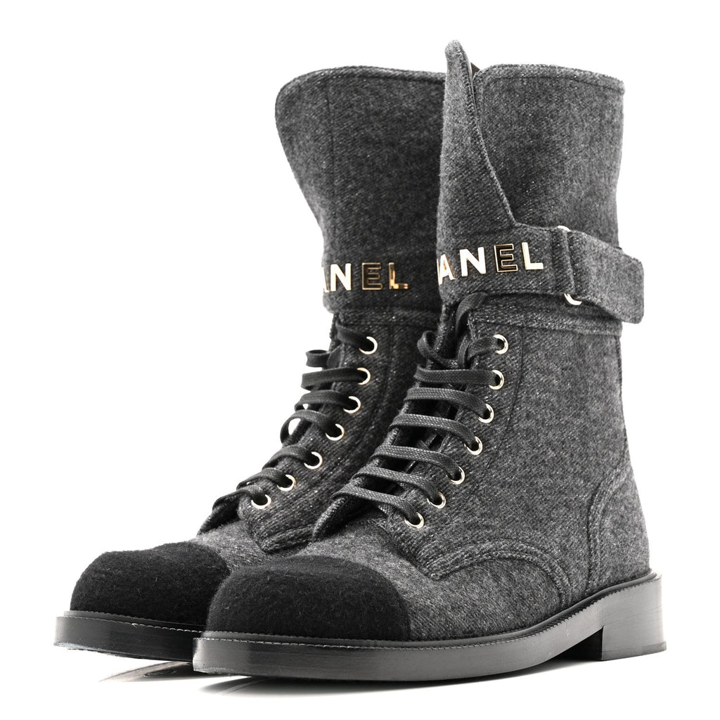 Chanel Tweed Lace Up Combat Boots 37.5 Dark Grey Black