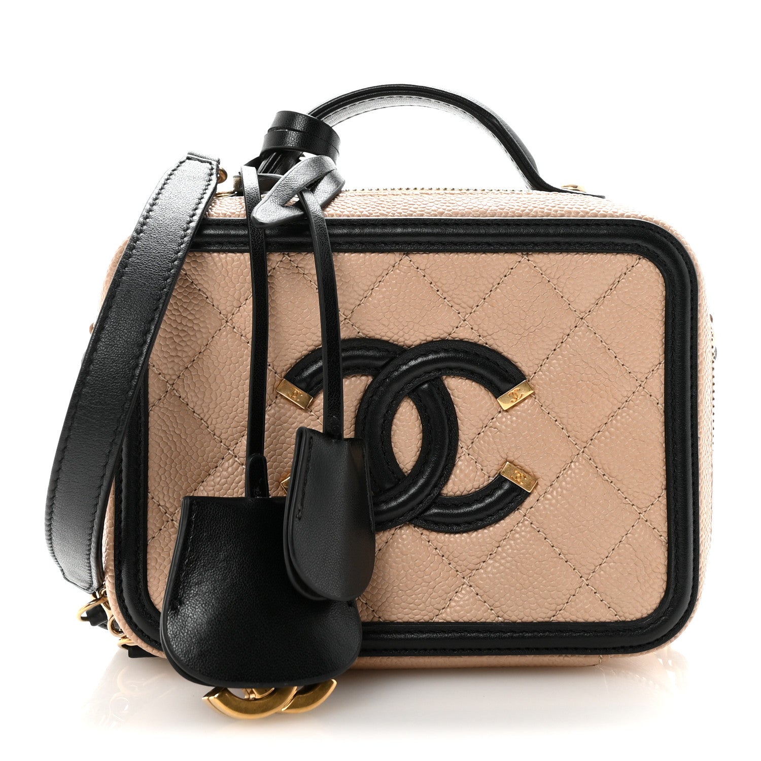 Chanel Caviar Quilted Small CC Filigree Vanity Case Beige Black
