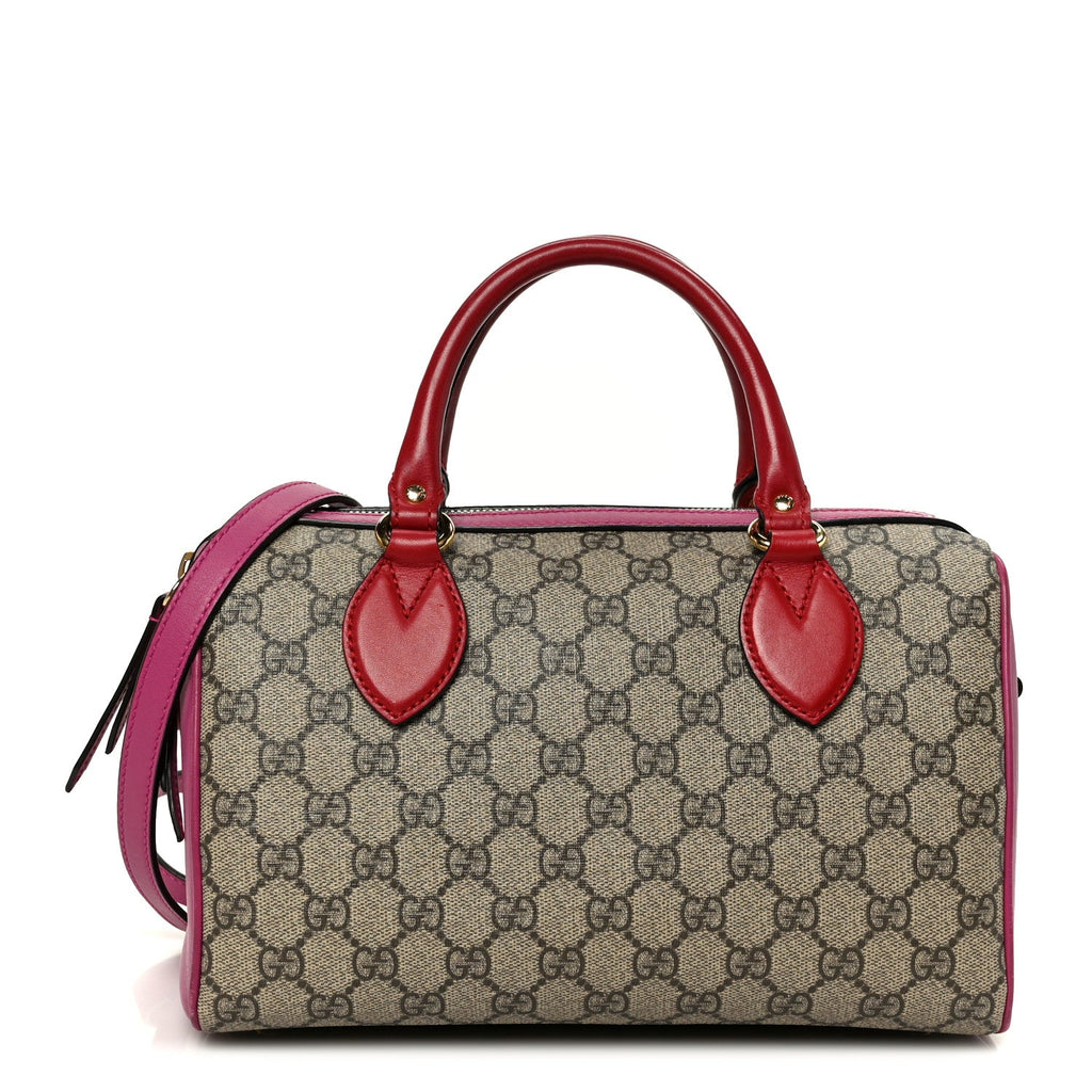 Gucci GG Supreme Monogram Moon Calfskin Small Boston Beige Ebony Hibiscus Red New Rosette