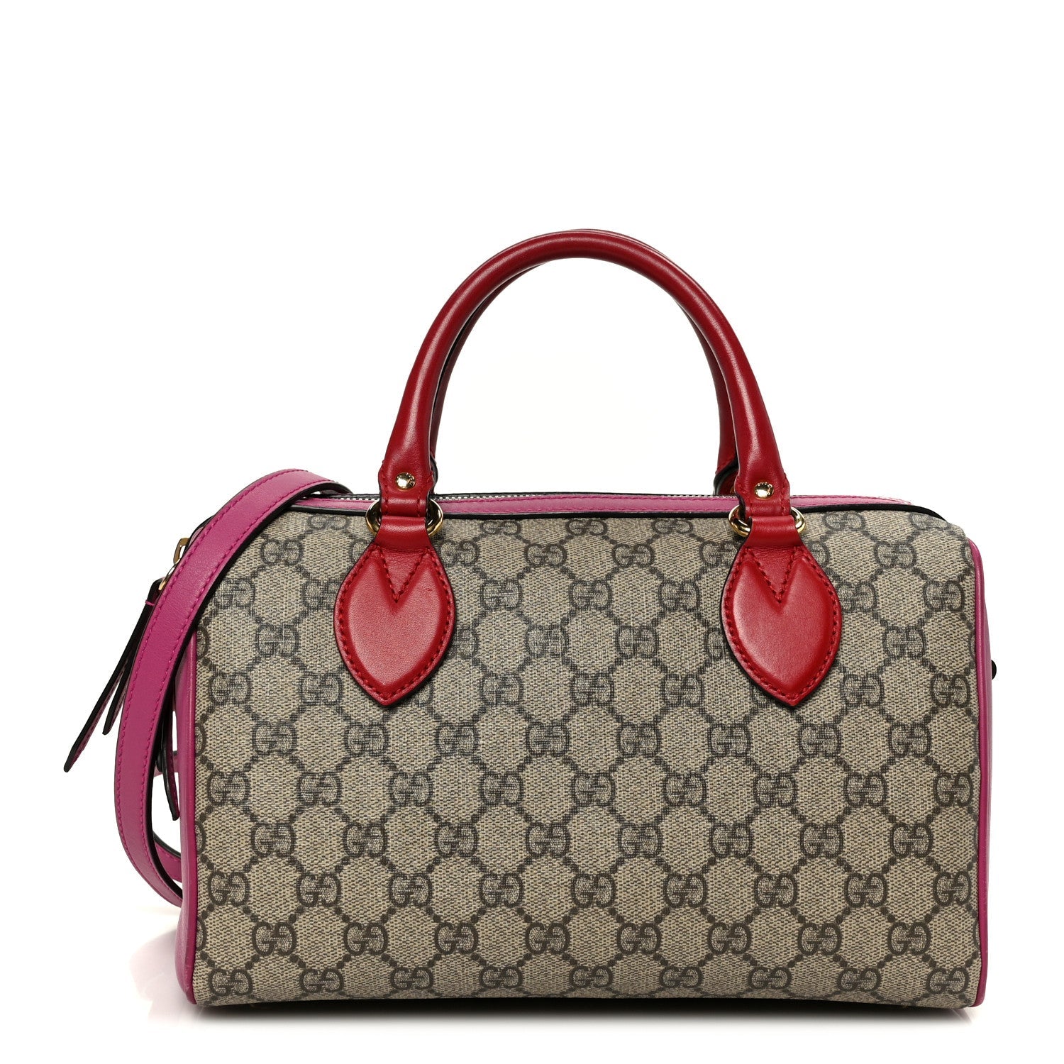 Gucci GG Supreme Monogram Moon Calfskin Small Boston Beige Ebony Hibiscus Red New Rosette