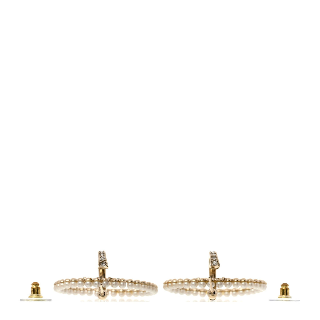Crystal Pearl CC Door Knocker Hoop Earrings Gold Pearly White