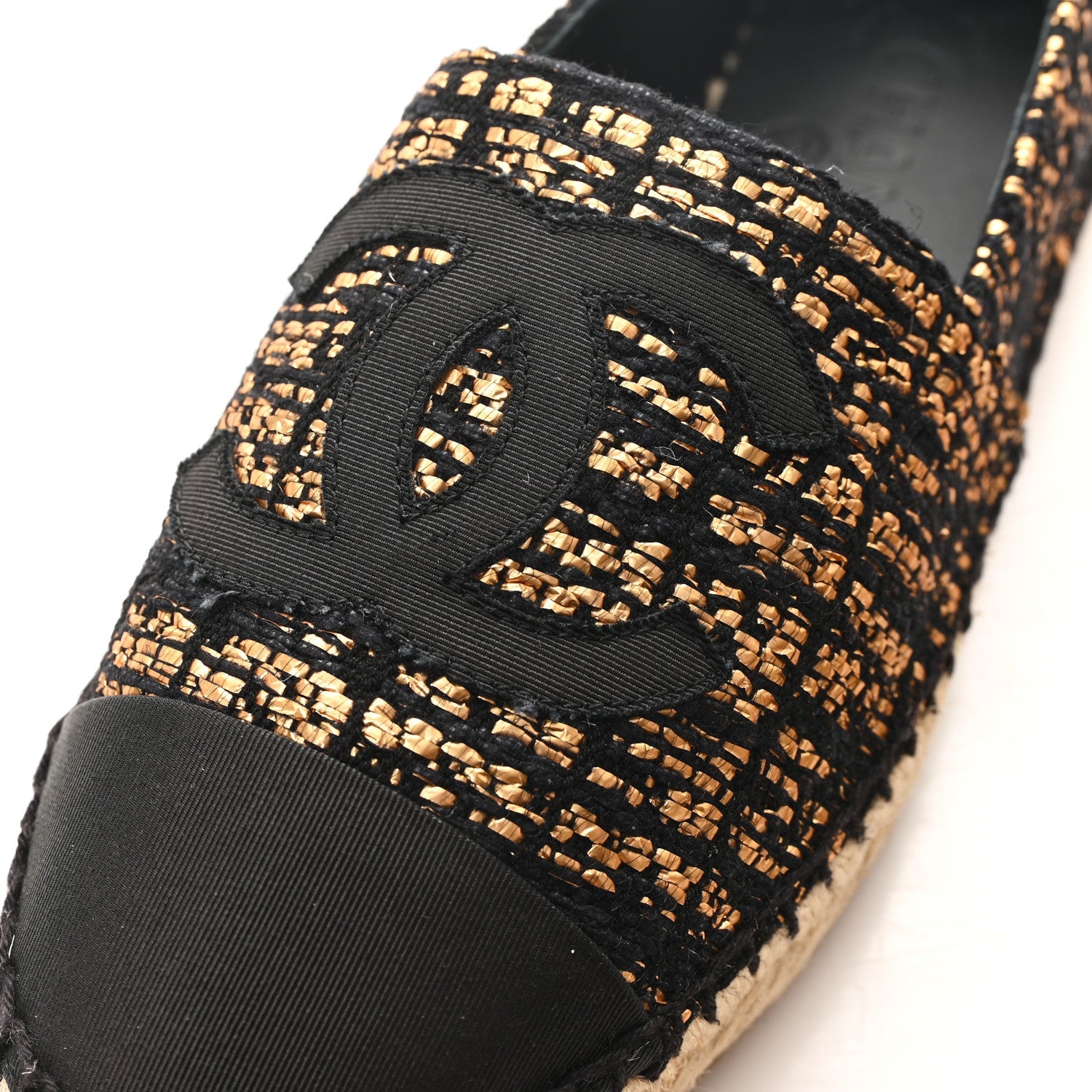 Metallic Tweed Grosgrain CC Espadrilles 38 Gold Black