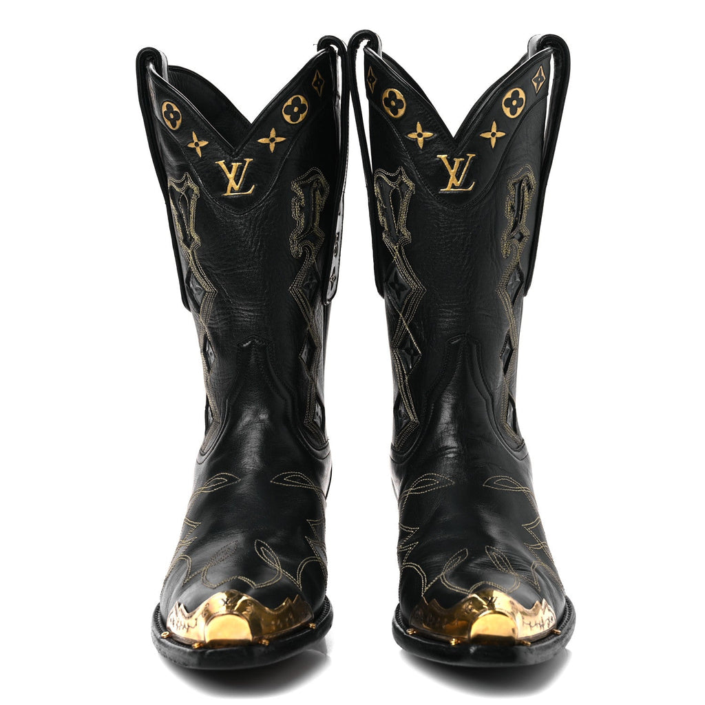 Louis Vuitton Calfskin LV Texan Mens Rider Boots 7.5 Black Gold