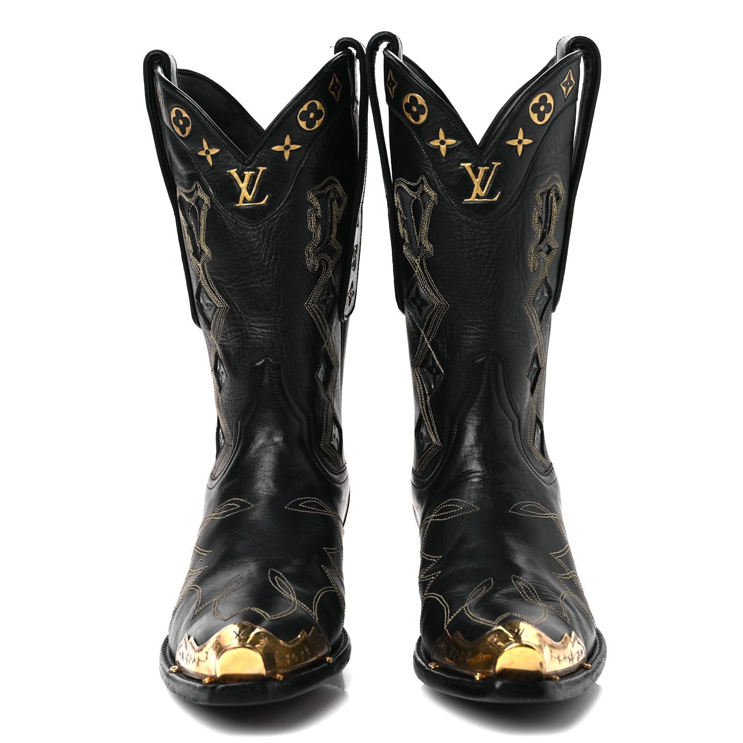 Louis Vuitton Calfskin LV Texan Mens Rider Boots 7.5 Black Gold