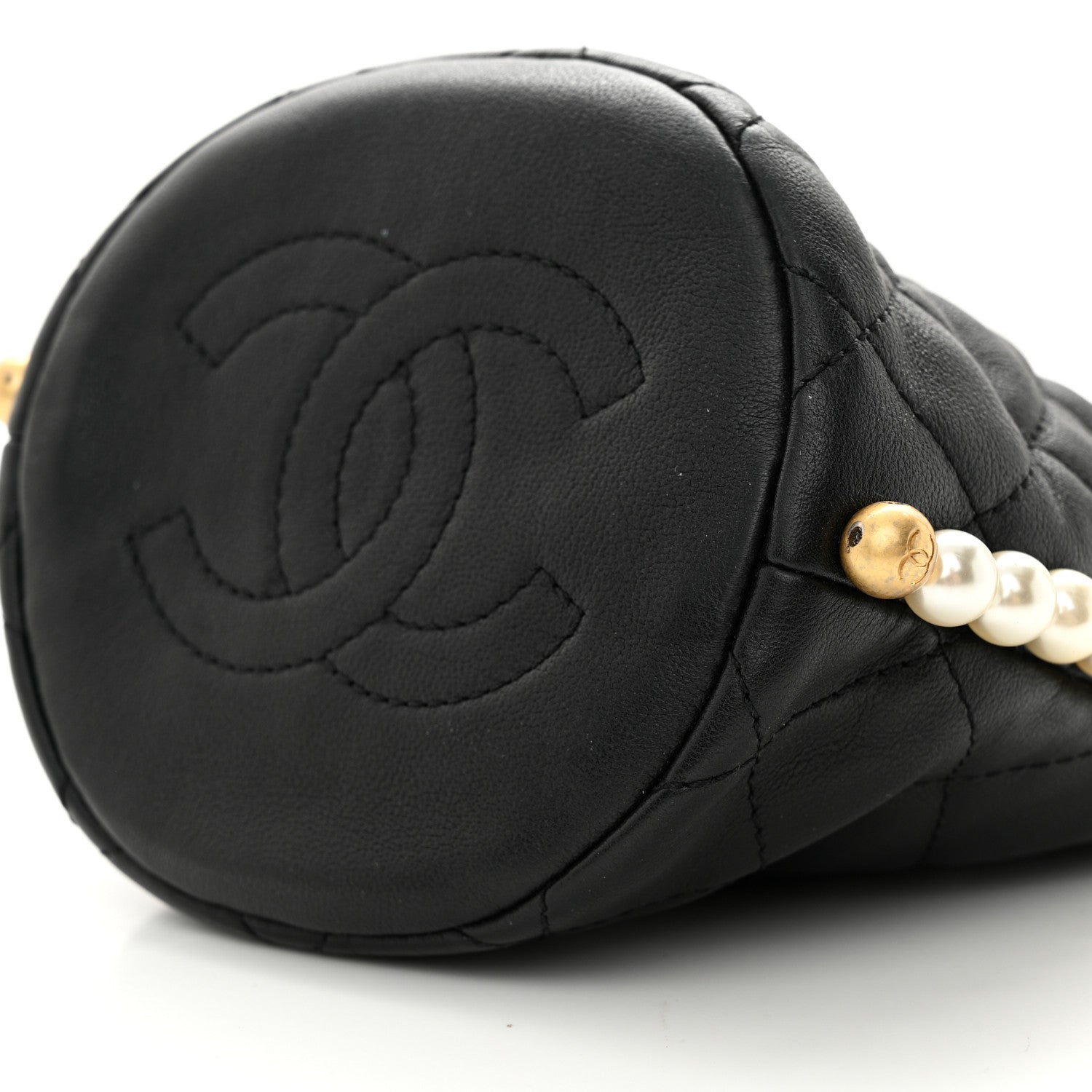 Chanel Calfskin Quilted Pearl Mini About Pearls Drawstring Bucket Bag Black