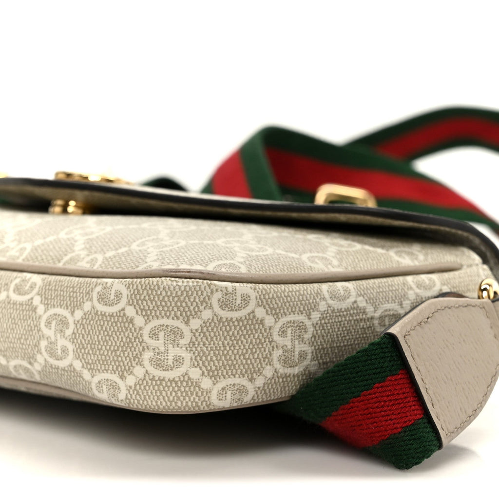 Gucci GG Supreme Monogram Textured Dollar Calfskin Web Mini Ophidia Envelope Shoulder Bag Beige Mystic White Oatmeal
