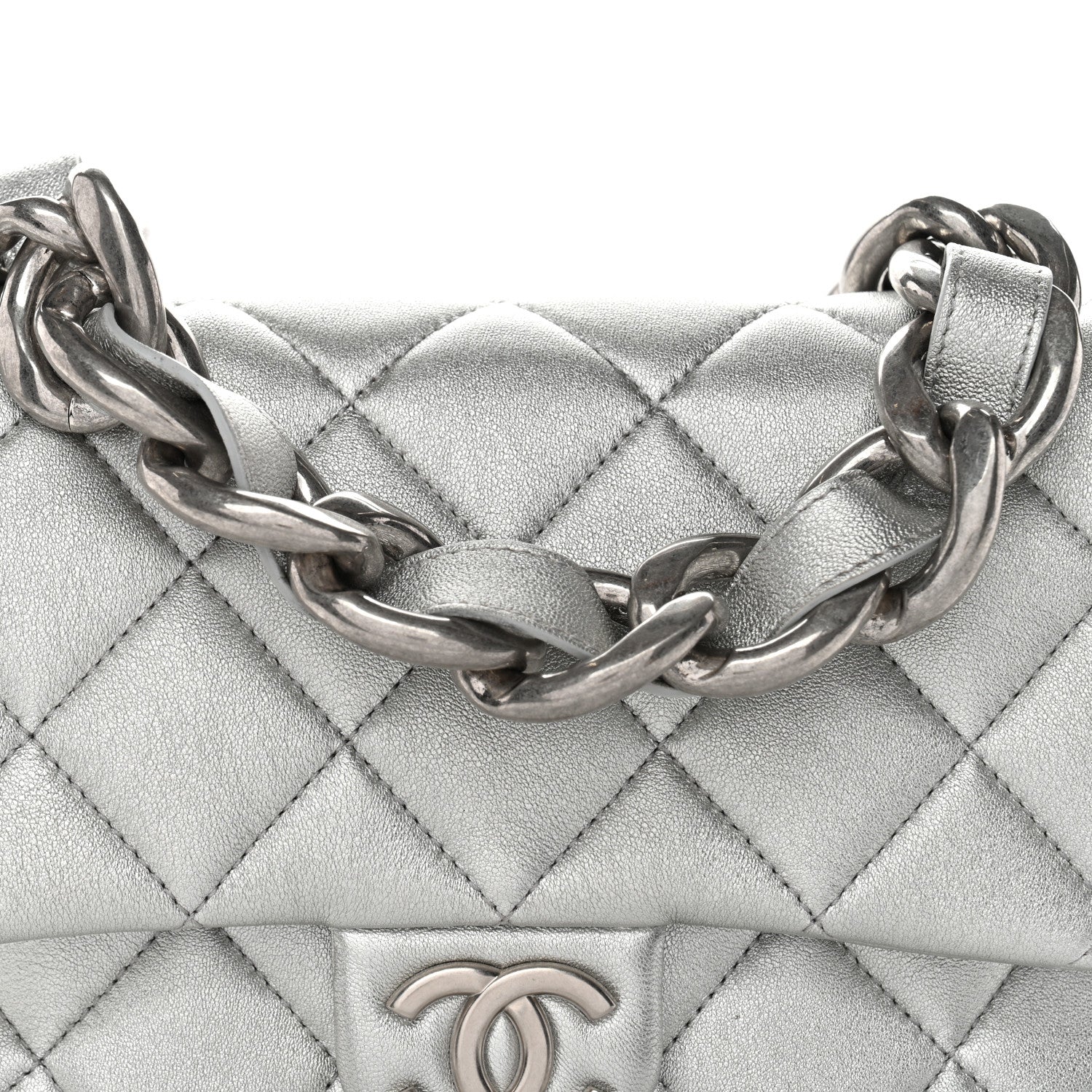 Chanel Metallic Lambskin Lacquered Quilted Small Flap Silver