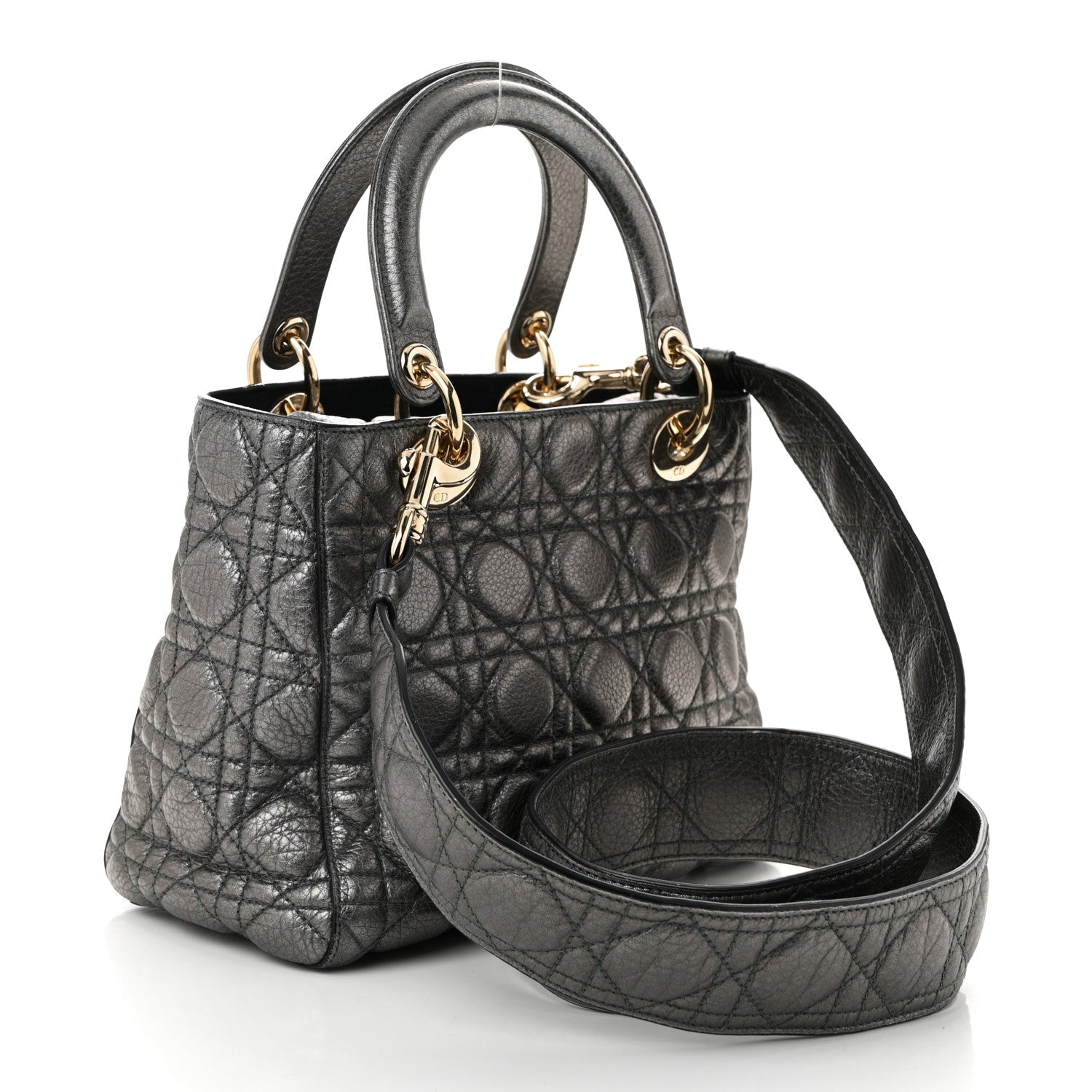 Christian Dior Metallic Grained Calfskin Cannage Medium Supple Lady Dior Steel