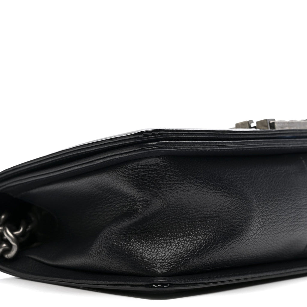 Chanel Goatskin Quilted Patent Medium Duo Boy Flap Dark Blue