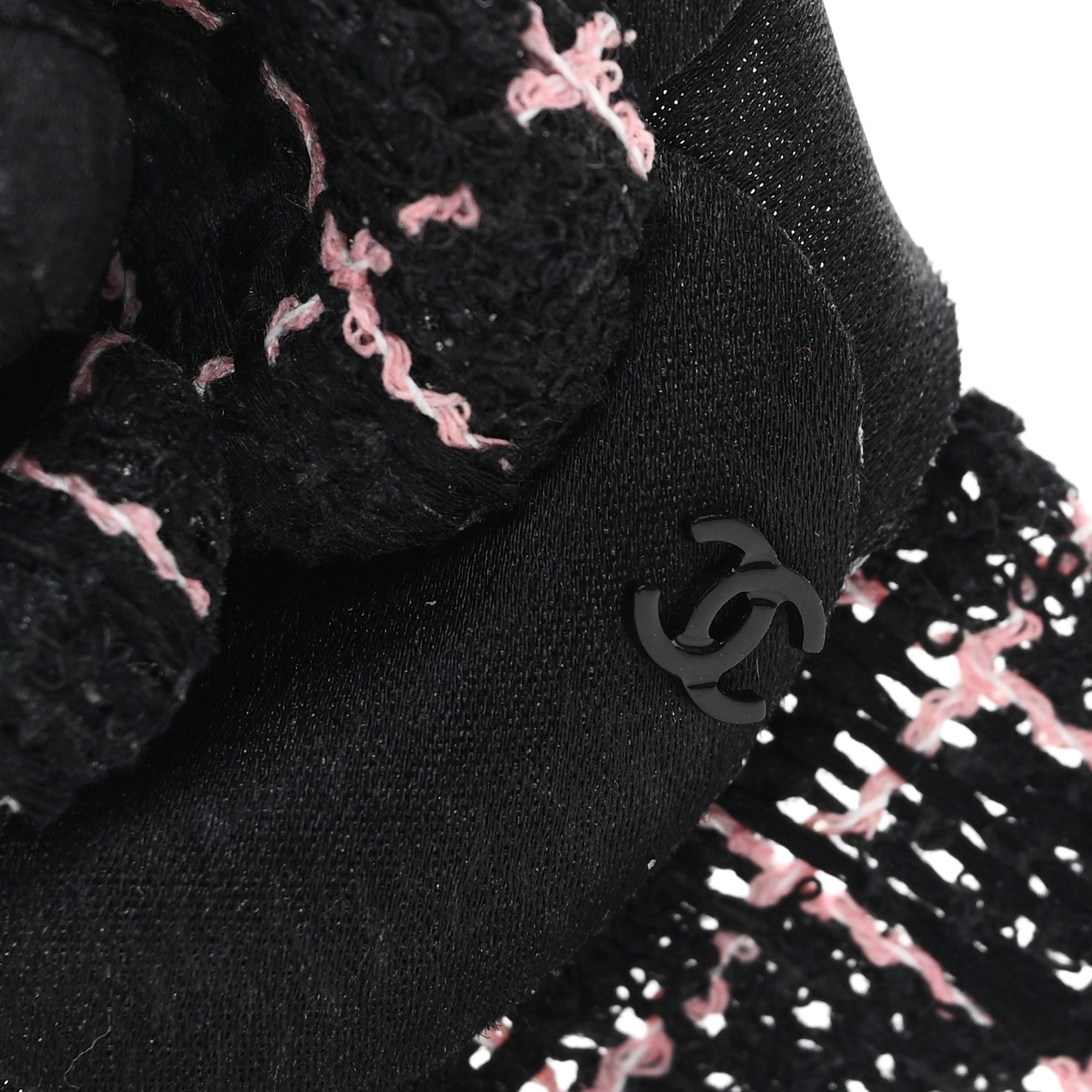 Chanel Tweed Fabric Camellia Pin Brooch Black Pink