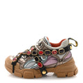 Gucci X SEGA Metallic Calfskin Mesh Removable Crystals Womens Flashtrek Sneakers 36 Rame Mystic White Lago