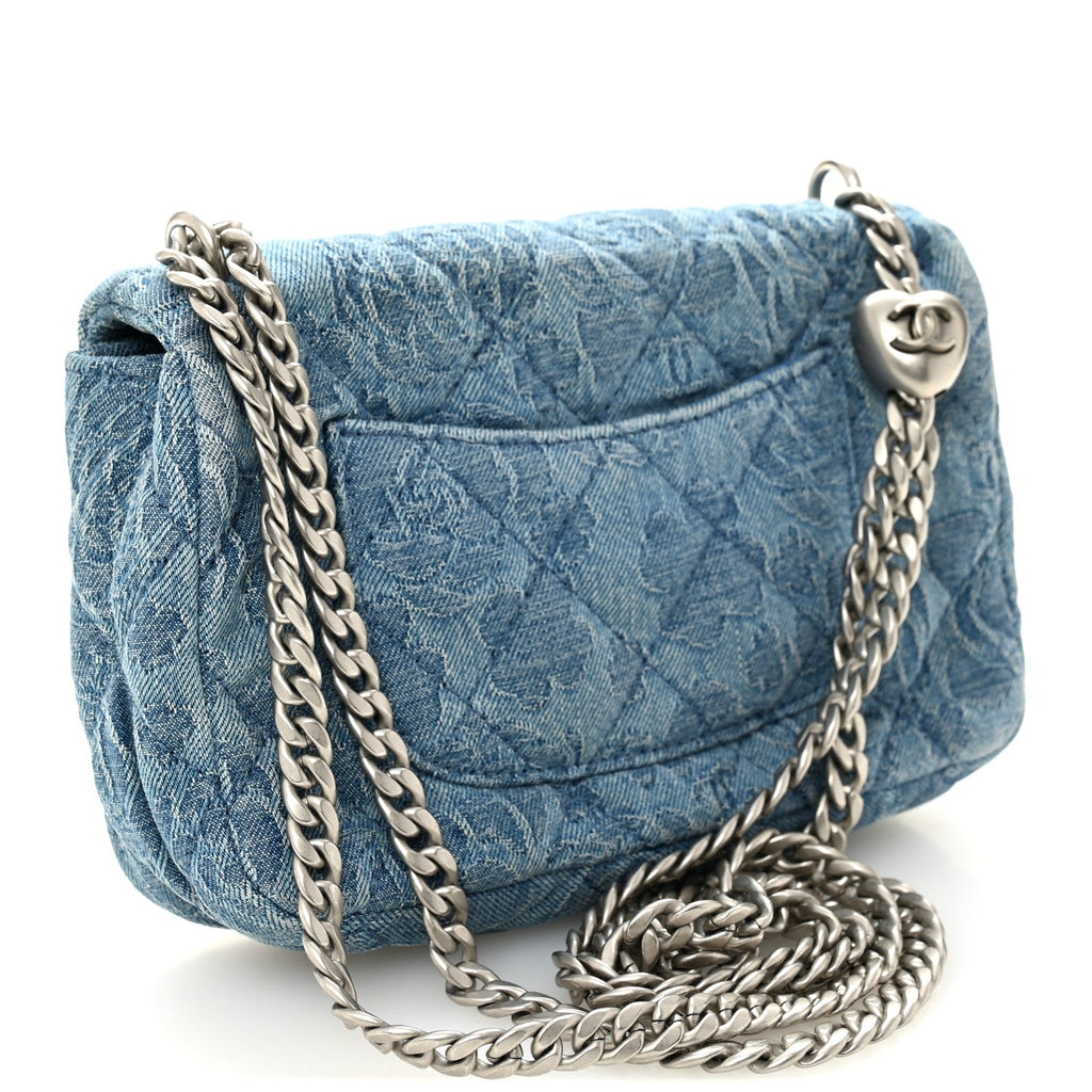 Chanel Denim Quilted Camellia Sweetheart Mini Rectangular Flap Blue