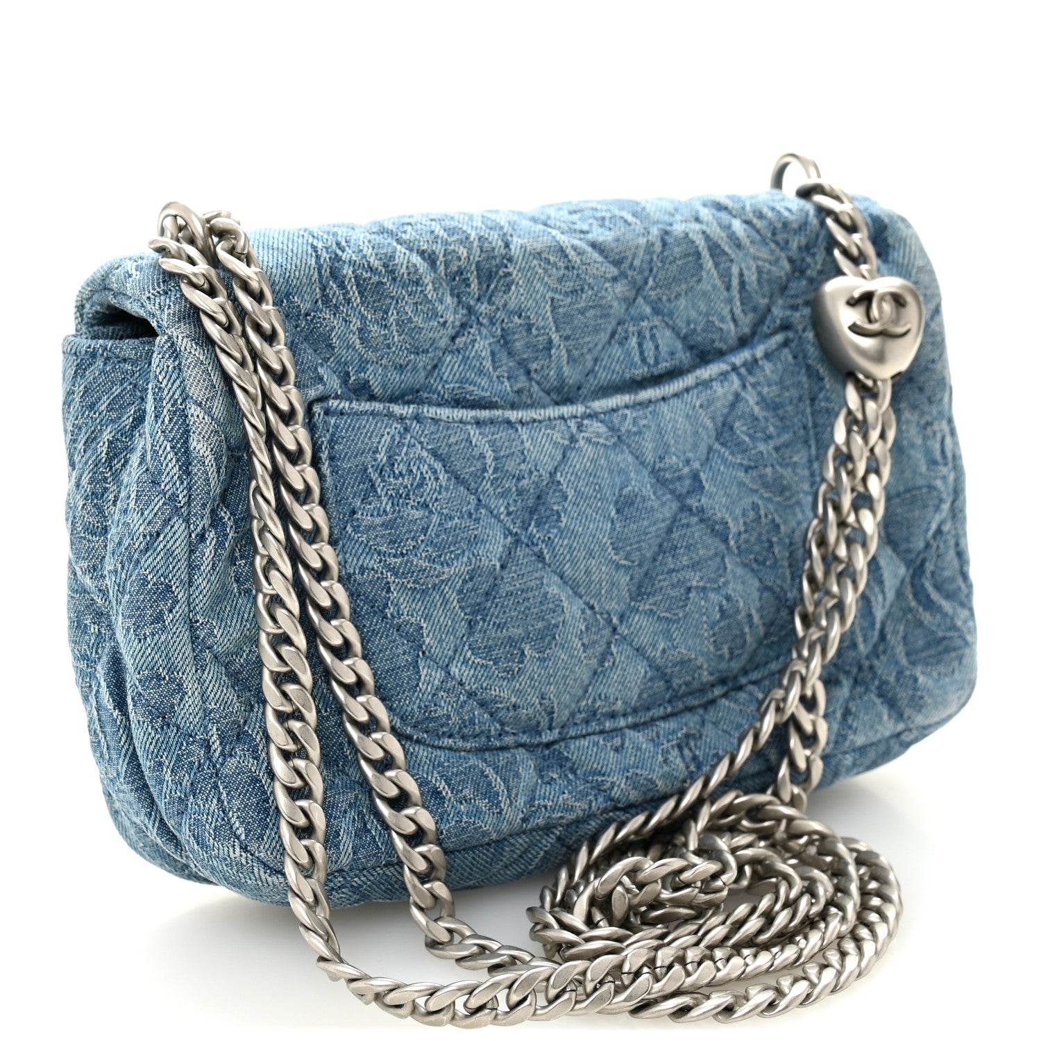 Chanel Denim Quilted Camellia Sweetheart Mini Rectangular Flap Blue