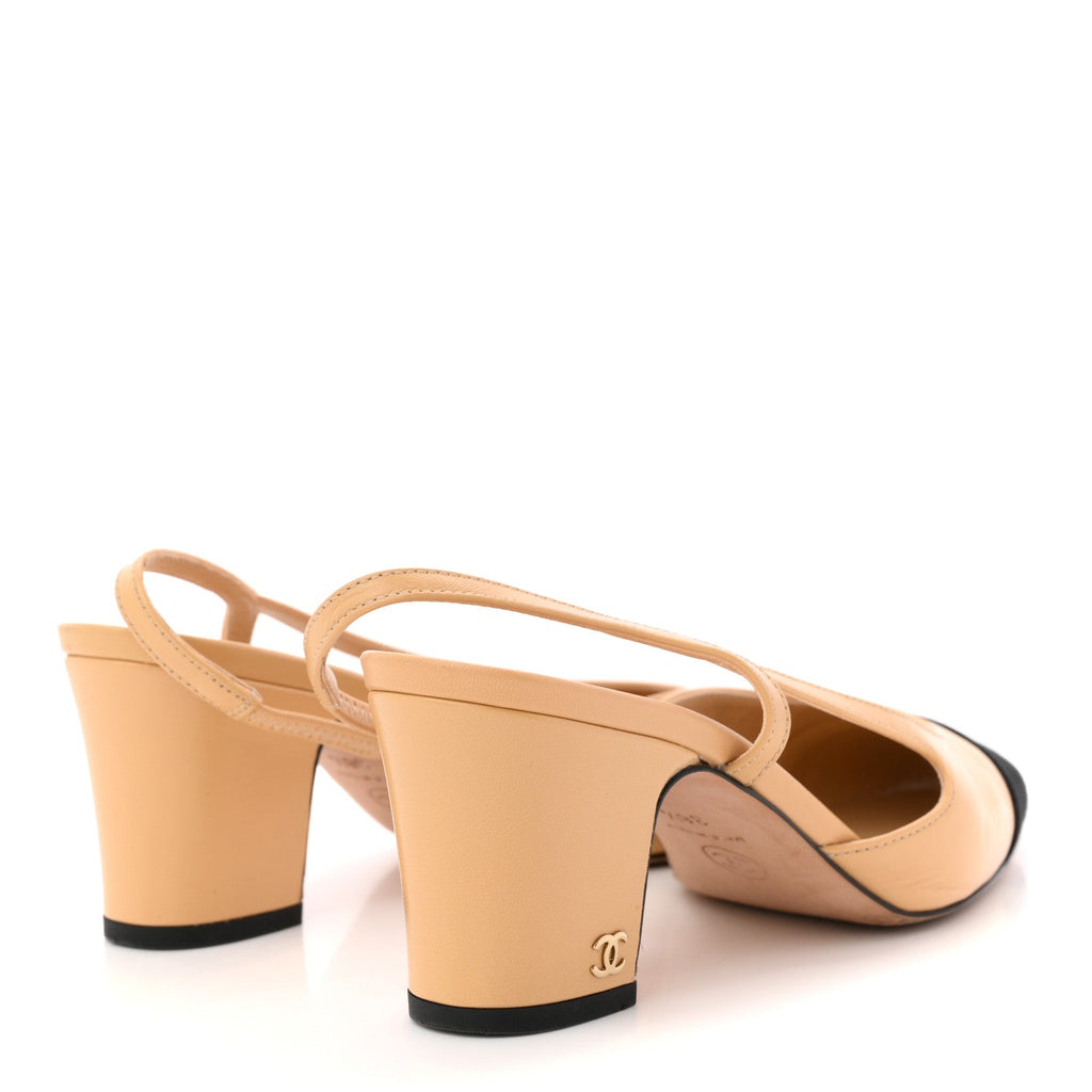 Goatskin Grosgrain Cap Toe CC Slingback Pumps 36.5 Beige Black