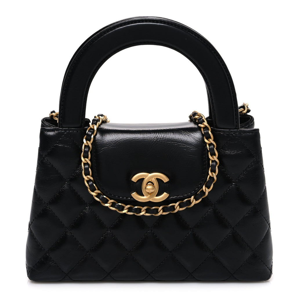 Chanel Shiny Aged Calfskin Quilted Nano Kelly Shopper Black