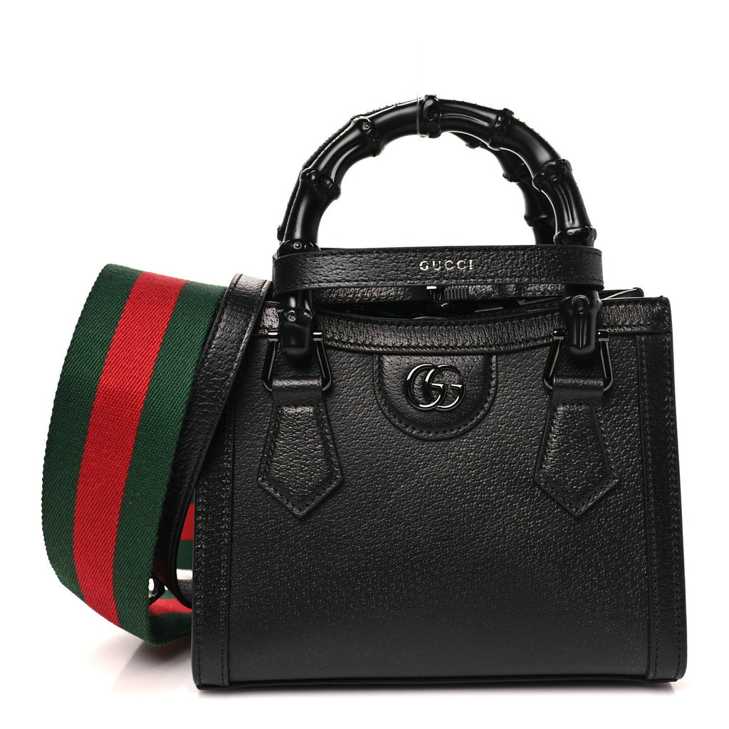 Gucci Textured Dollar Calfskin Web Monochrome Mini Diana Tote Bag Black