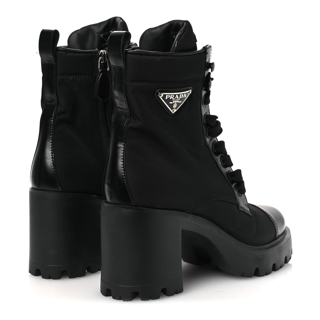 Prada Spazzolato Re-Nylon Metal Triangle Logo Lace Up 55mm Ankle Boots 38.5 Black