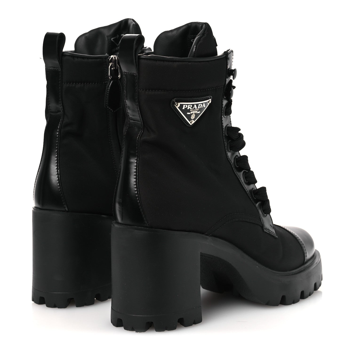 Prada Spazzolato Re-Nylon Metal Triangle Logo Lace Up 55mm Ankle Boots 38.5 Black