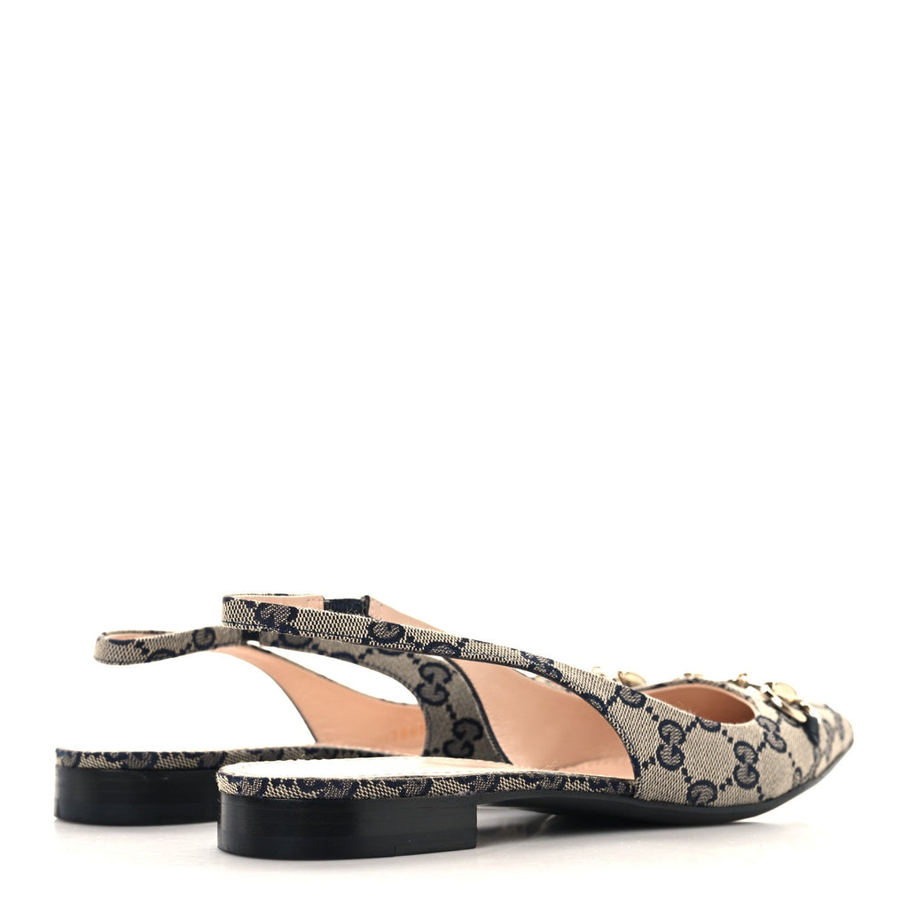 Gucci Monogram Horsebit Womens Slingback Ballet Flat 37.5 Beige Blue