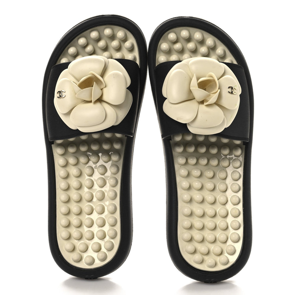 Chanel Thermoplastic PVC Camellia Mule Sandals 36 Black Ivory