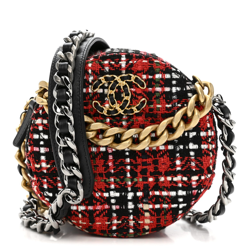Chanel Tweed Quilted Chanel 19 Round Clutch With Chain  Red Black White Green