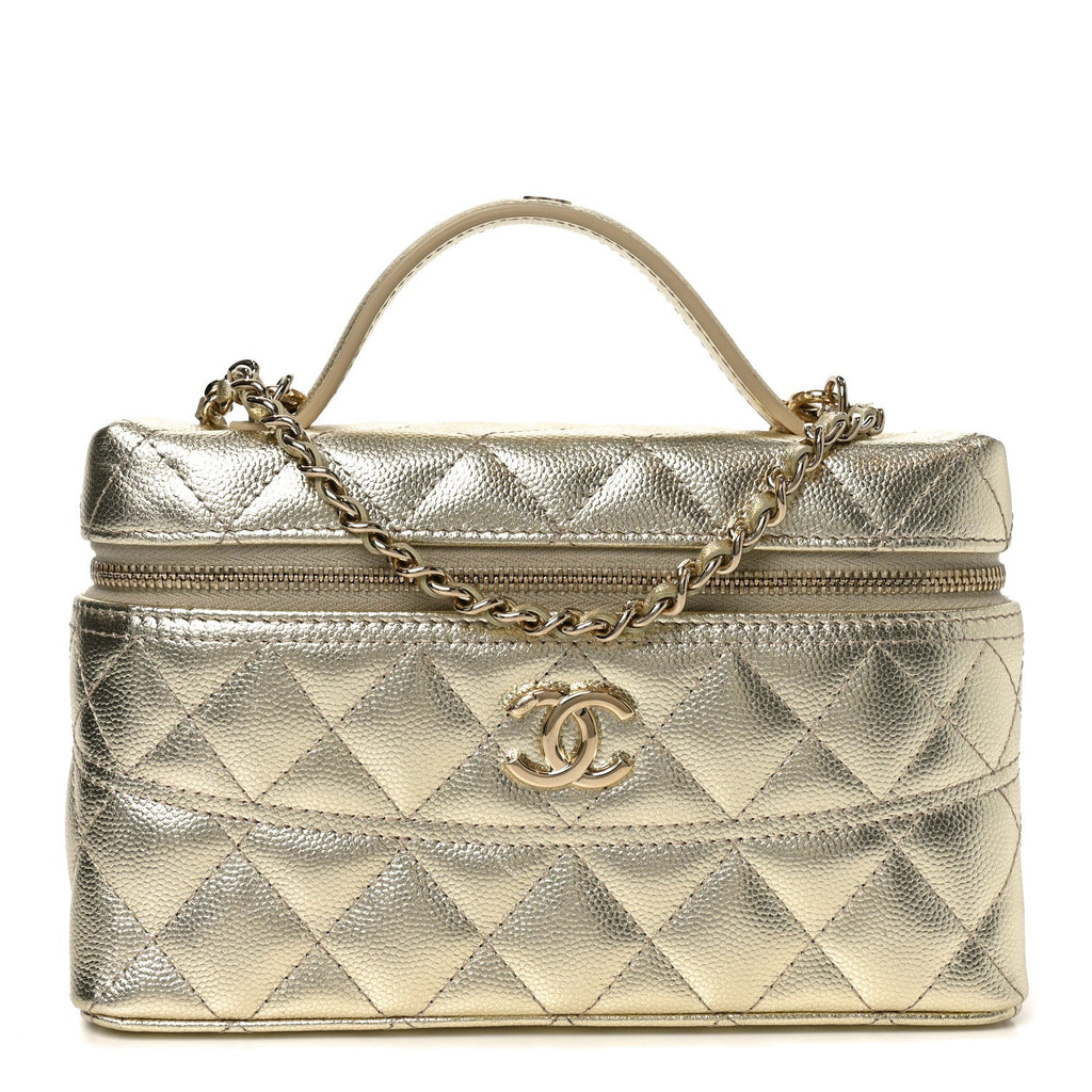 Chanel Metallic Caviar Quilted Trendy Handle Slim Vanity Light Golden