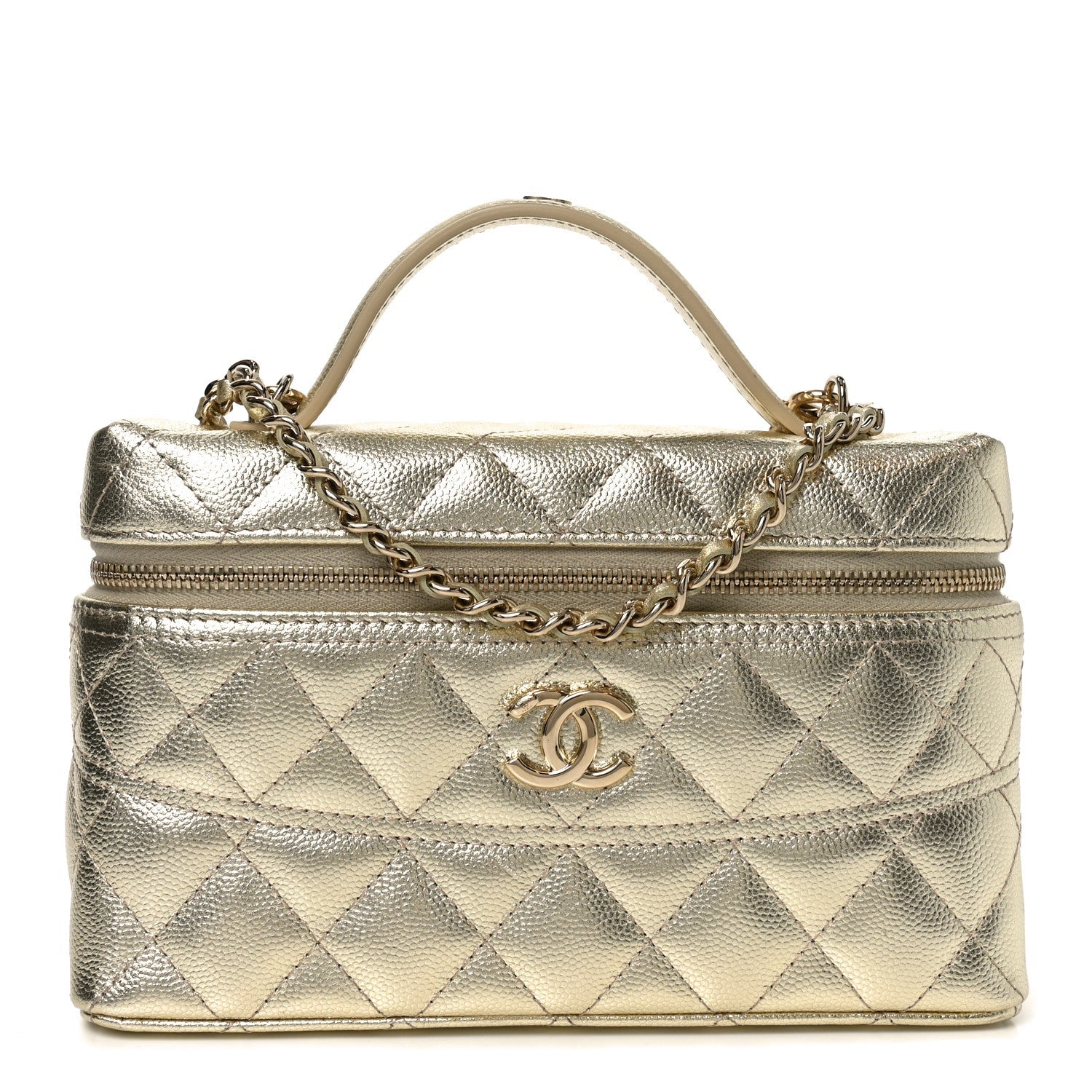 Chanel Metallic Caviar Quilted Trendy Handle Slim Vanity Light Golden
