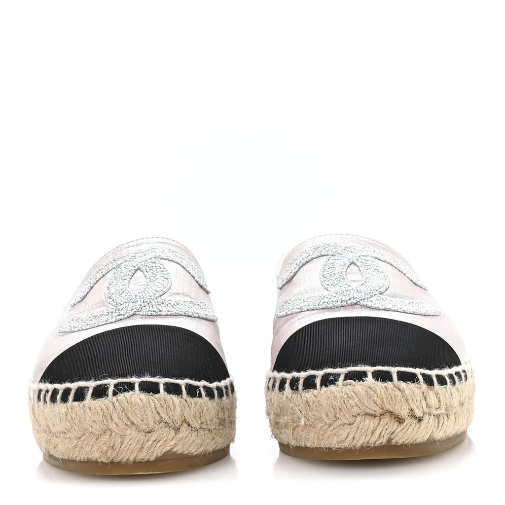 Laminated Lambskin Grosgrain Embroidered CC Espadrilles 36 Pink Silver Black