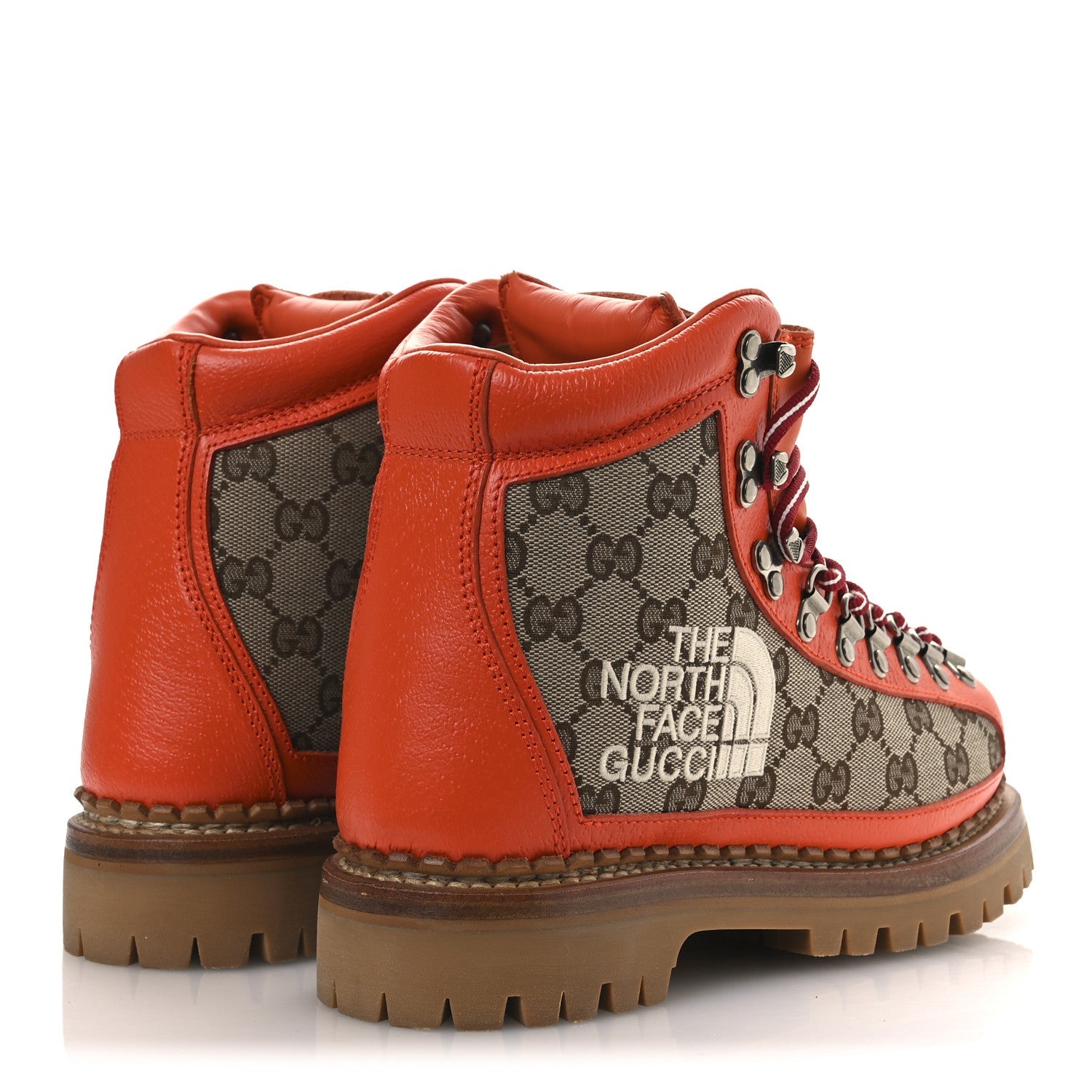 Gucci X THE NORTH FACE Monogram Textured Calfskin Hiking Ankle Boots 37 Beige Ebony Deep Orange