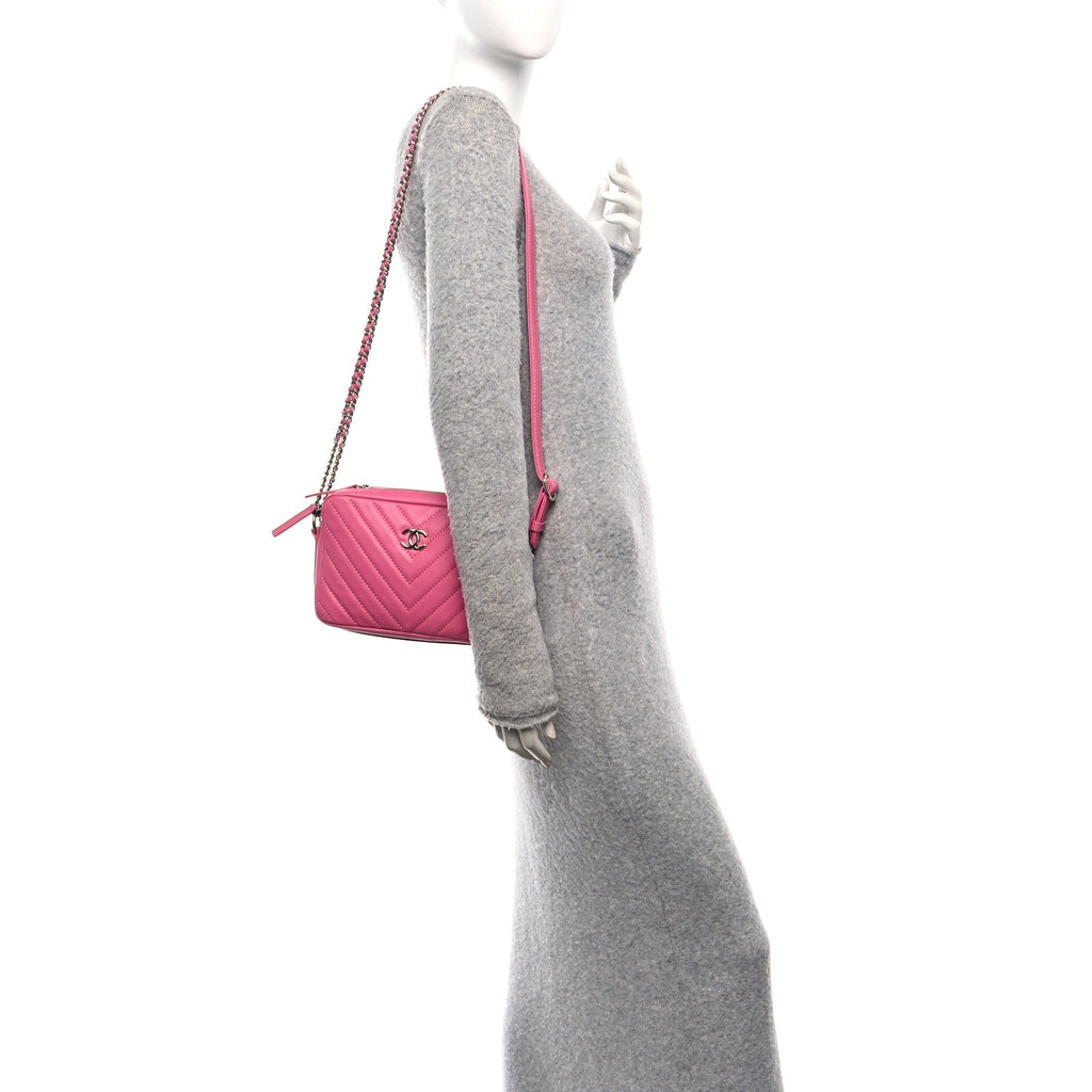 Chanel Lambskin Chevron Quilted Small Promenade Camera Case Pink