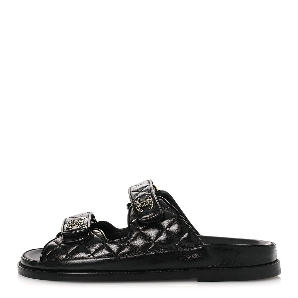 Lambskin Quilted Velcro Dad Chain CC Slide Sandals 38.5 Black