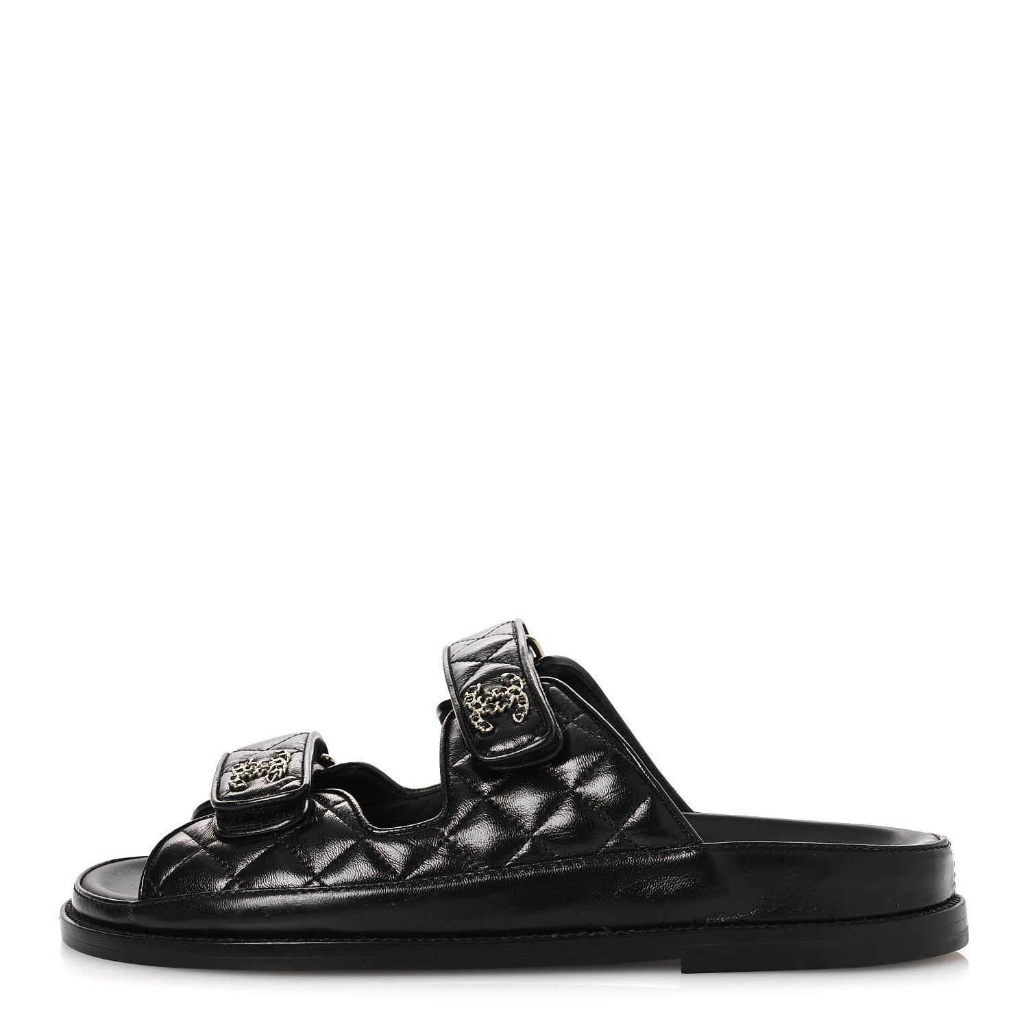 Lambskin Quilted Velcro Dad Chain CC Slide Sandals 38.5 Black