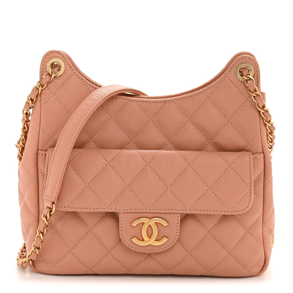 Chanel Caviar Quilted Wavy CC Hobo Beige