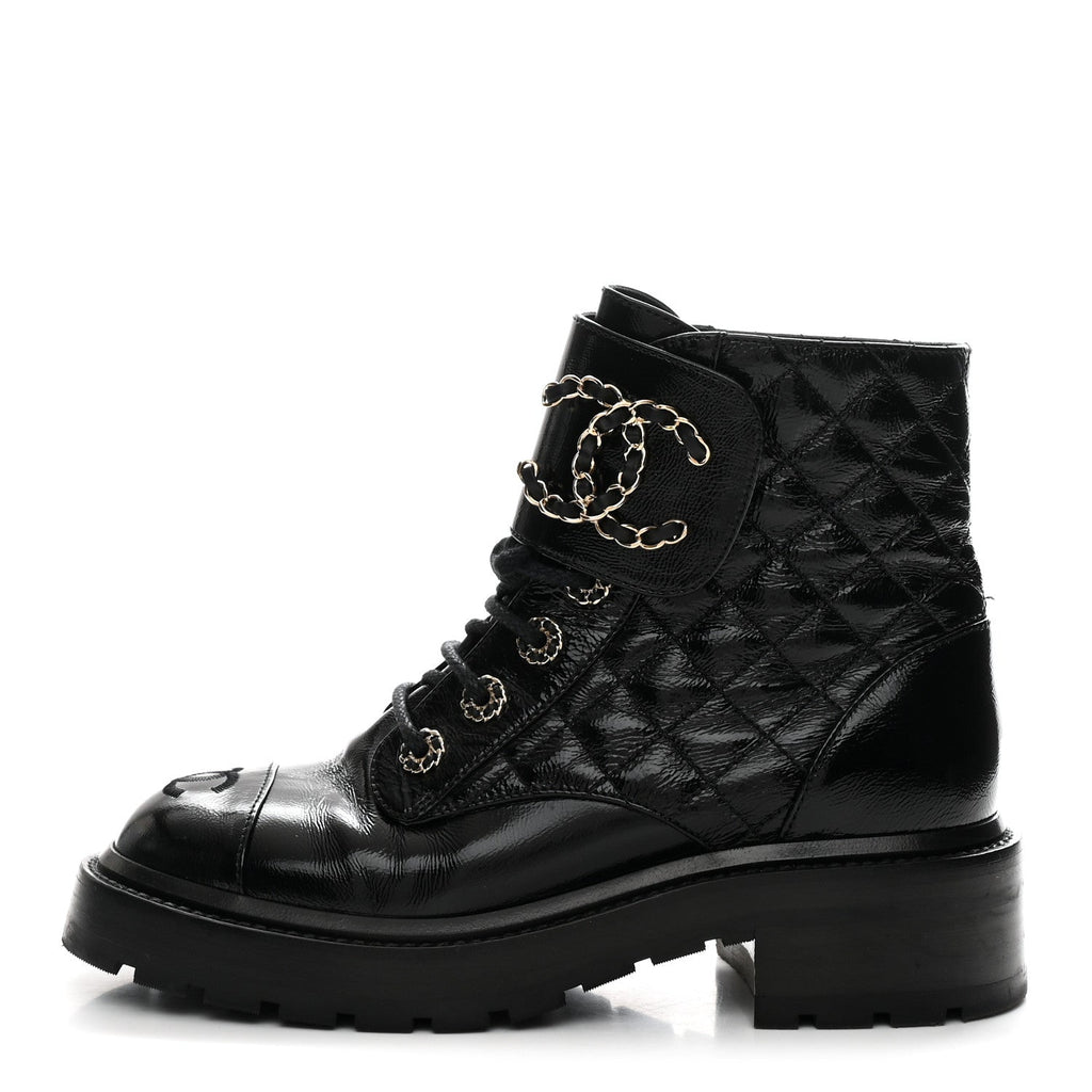 Chanel Shiny Calfskin Quilted Lace Up Combat Boots 36 Black