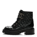 Chanel Shiny Calfskin Quilted Lace Up Combat Boots 36 Black