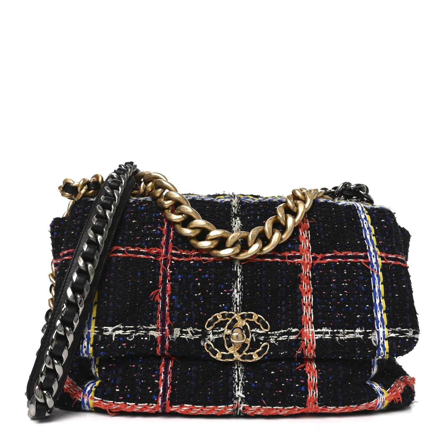 Chanel Tweed Quilted Large Chanel 19 Flap Black Orange Blue
