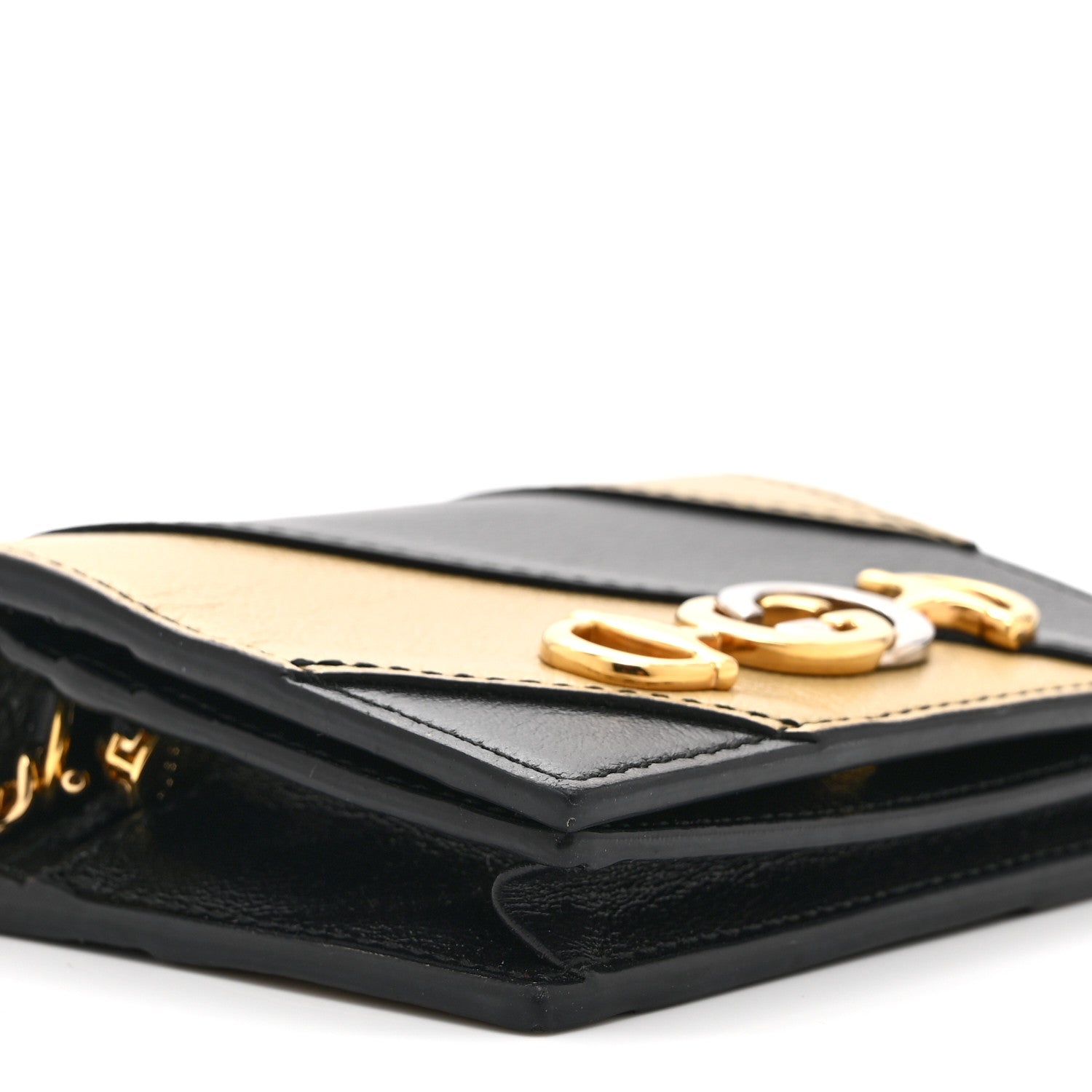 Gucci Calfskin Diagonal Striped Zumi Chain Card Case Wallet Black Beige