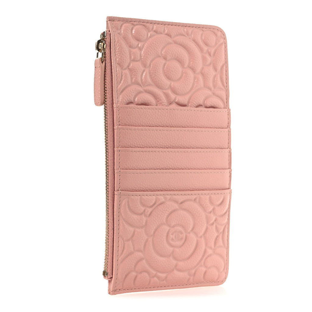 Caviar Camellia Embossed Classic Flat Wallet Pouch Pink
