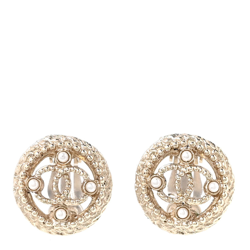 Metal Pearl CC Clip On Earrings Gold