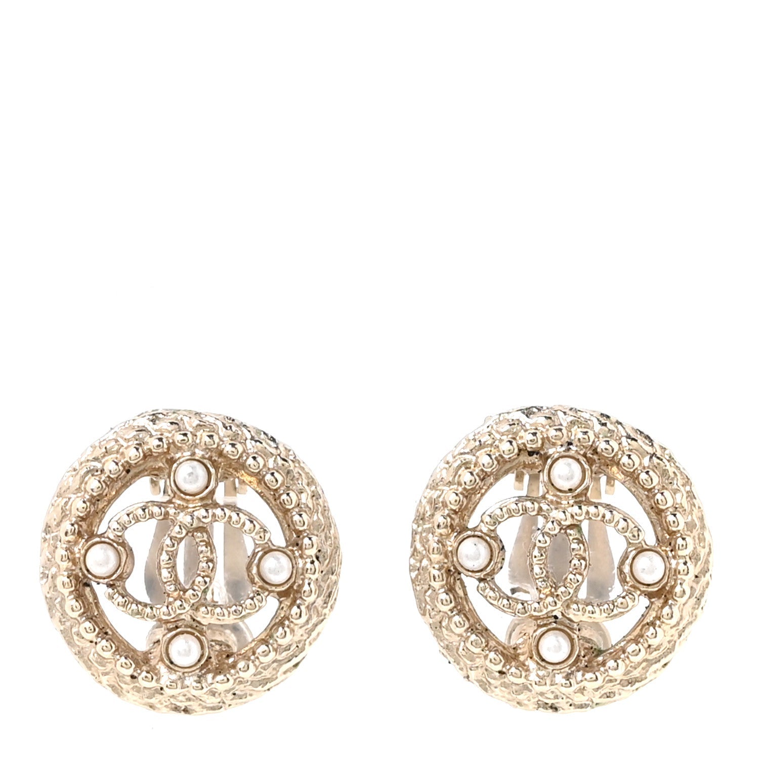 Metal Pearl CC Clip On Earrings Gold