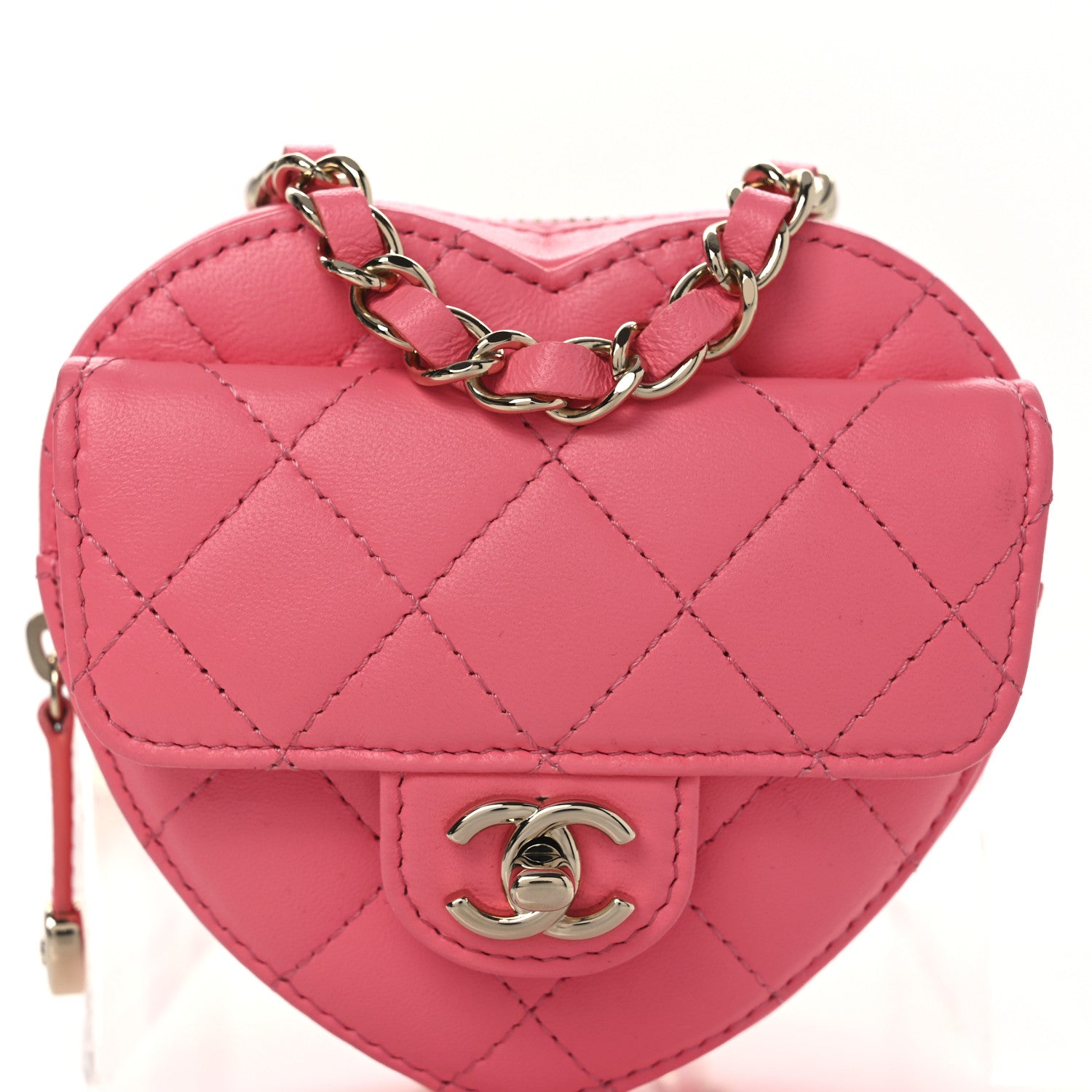 Chanel Lambskin Quilted CC In Love Heart Waist Belt Bag With Chain Pink