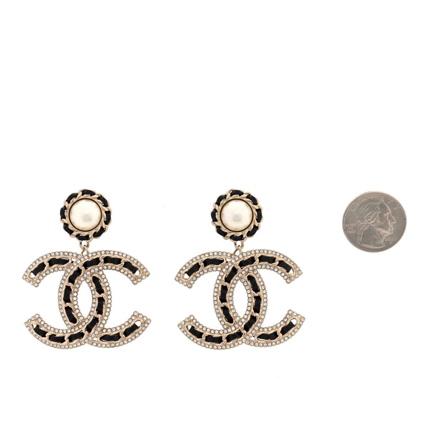 Pearl Lambskin Crystal Chain CC Drop Earrings Black Gold