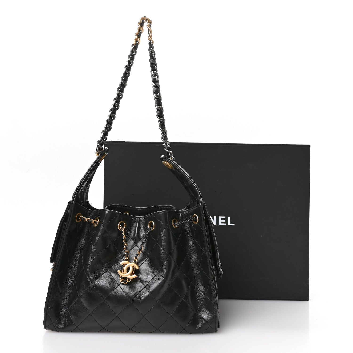 Chanel Shiny Crumpled Calfskin Quilted Small Chanel 25 Handbag Black