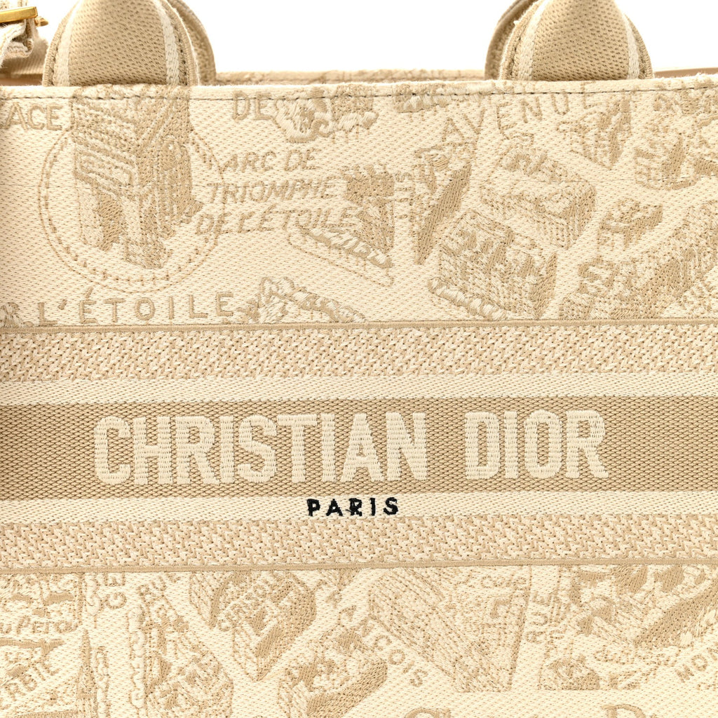 Christian Dior Canvas Calfskin Embroidered Small Plan De Paris Book Tote With Strap Beige
