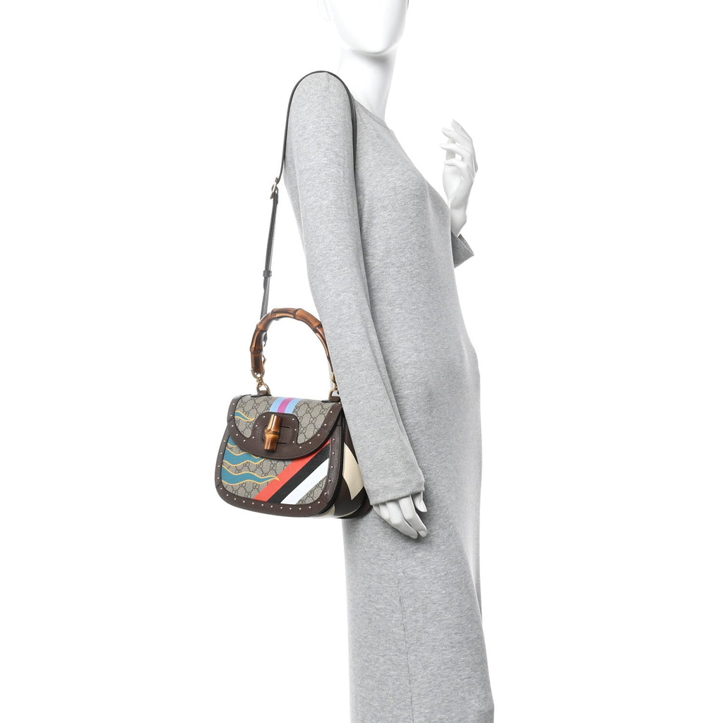 Gucci GG Supreme Monogram Studded Calfskin Centum Medium Bamboo 1947 Top Handle Bag Beige Ebony Multicolor