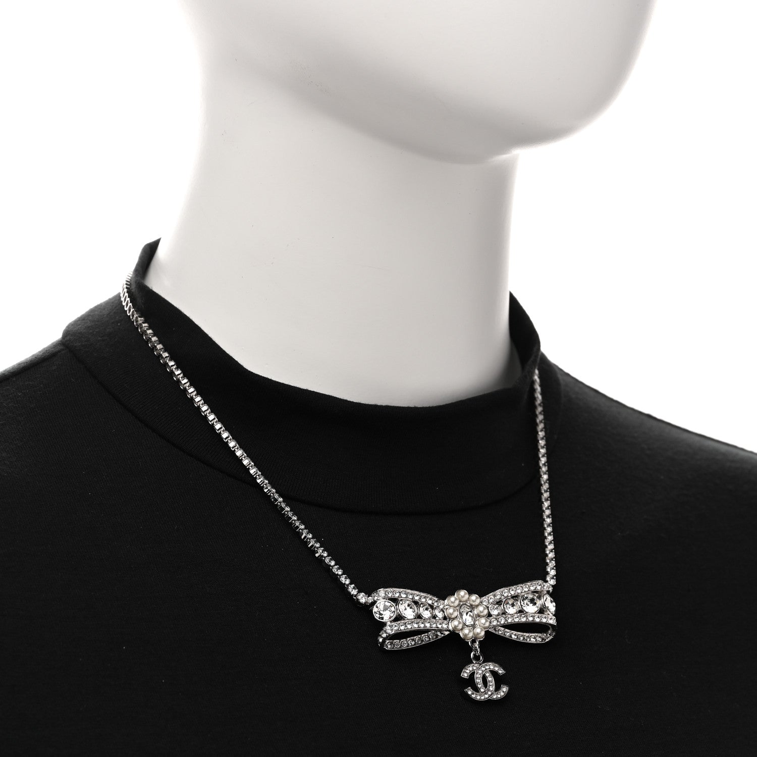 Crystal Pearl CC Bow Drop Necklace Silver