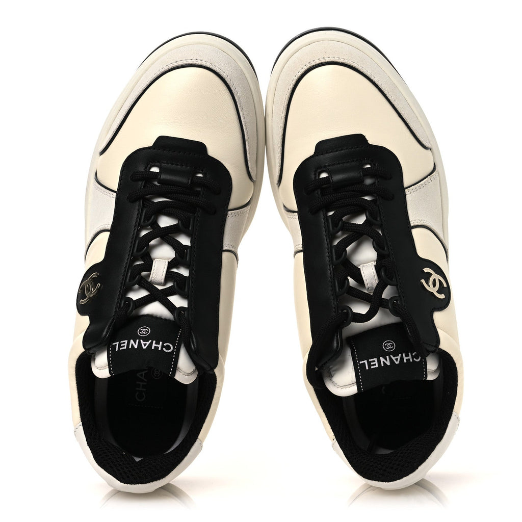 Lambskin Suede Calfskin Sneakers 40 Ivory White Black